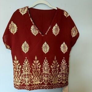 Emery Rose V-Neck Blouse with Gold Prints Size Small
